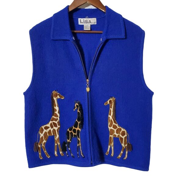 Lisa international Jackets & Blazers - Lisa International Vest Size XL Giraffe Appliqué Safari Full Zip Wool Womens
